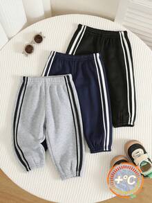 SHEIN 中性嬰兒男孩/女孩幼童 3件組秋冬加厚抓絨休閒百搭時尚運動風運動長褲套裝，運動褲，嬰兒冬季下身褲/長褲 - 黑色 - 查看 7