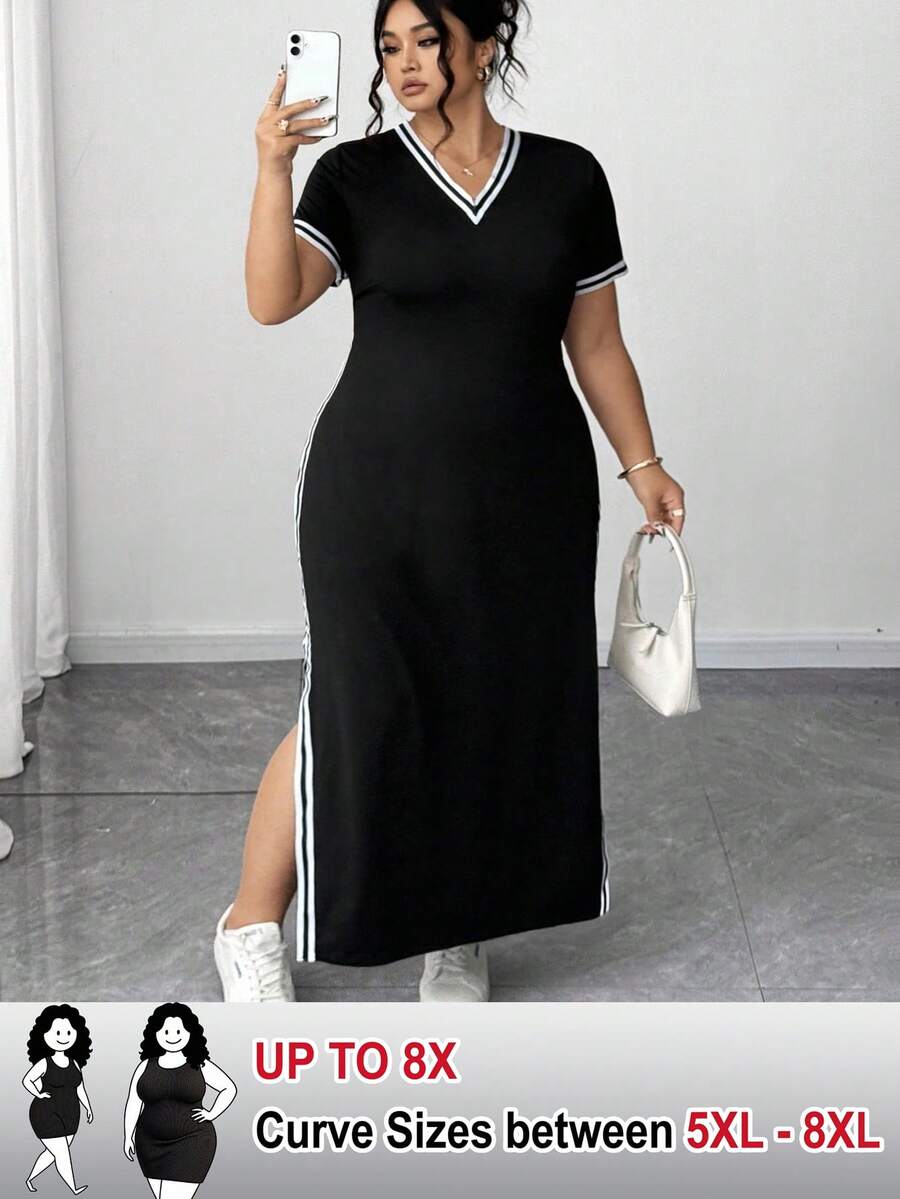 SHEIN CURVE+ 大码女式 V 领短袖丝带拼接休闲宽松修身开叉优雅时尚春夏连衣裙,春假西部风波西米亚风格 - 黑色 - 查看 1