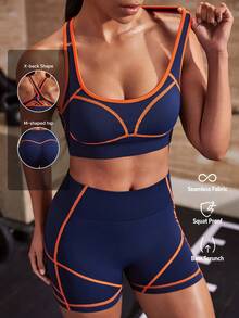Powerista Conjunto de sujetador deportivo sin costuras azul marino & naranja con costuras de contraste + shorts deportivos ajustados para mujer - Azul Marino - Ver 2