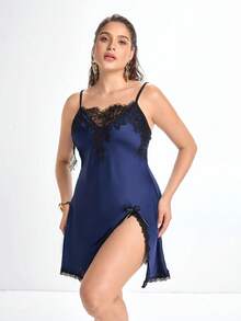 Slumbrini Mature Elegant Sexy Lace Camisole Satin Plus Size Nightgown - Royal Blue - View 1