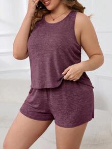 SHEIN 大尺碼女款純色圓領背心與短褲居家服套裝 - 中紫紅色 - 查看 4