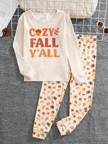 SHEIN Boys' Autumn/Winter Long Sleeve Long Pants Snug Fit Loungewear With Maple Leaf And Letter Print - Multicolor - View 1