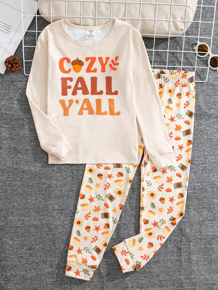SHEIN Boys' Autumn/Winter Long Sleeve Long Pants Snug Fit Loungewear With Maple Leaf And Letter Print - Multicolor - View 1