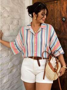 SHEIN Frenchy Camisa de talla grande versátil de moda a rayas con un solo pecho para uso diario en otoño - Multicolor - Ver 2