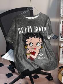 Betty Boop x SHEIN 大码卡通人物图案圆领短袖T恤 - 白色 - 查看 1