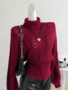 Elamini Burgundy Hollow Out Turtleneck Sweater, Women Batwing Long Sleeve Ribbed Hem Going Out Date Autumn Elegant - Burgundy - View 4