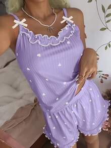 CottageSlumber Women's Ribbed Velvet Camisole & Shorts Pajama Set With Ruffle Trim, Small Bows And Romantic Heart Design - Purple - View 5