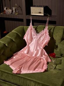 SilkySpell Pink Heavy Lace Sexy Plus Size Faux Silk Pajama Set - Pink - View 1