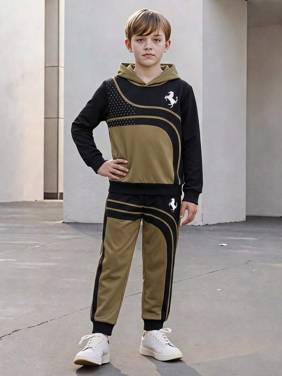 Tween Boy Casual Minimalist Long Sleeve Hooded Comfortable Sweatshirt 2 Pieces Set Suitable For Autumn/Winter - Multicolor - View 1