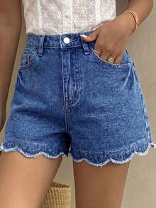 SHEIN Tween Girls' Summer Casual Denim Shorts With Shell Trim - Dark Wash - View 5