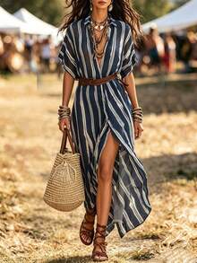 EMERY ROSE Women's Vacation Casual Striped Front Button Dress - Multicolor - View 6