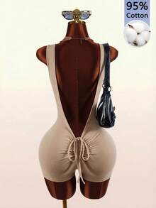 Amplova Women's Letter Print Rivet Sexy Round Neck Fitted Romper Unitard - Brown - View 9