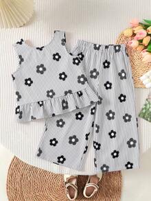 Young Girl Woven Striped Floral Print Round Neck Casual Tank Top And Long Pants Set - Black and White - View 2