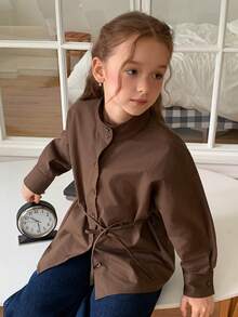 DAZY 青少年女孩立領長袖秋季綁腰基本款夾克襯衫 - 棕色 - 查看 5