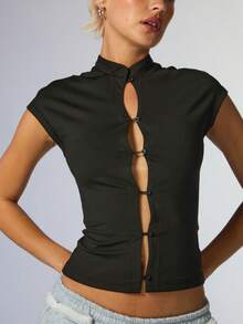 COUREZ Cap Sleeve Cut Out Jersey Top, Y2K Autumn Going Out Black Top - Black - View 5