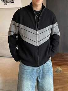 DAZY Black & Gray Colorblock Zip-Up Cardigan With Cuffed Hem And Sleeves, Loose Fit For Men - Multicolor - View 7
