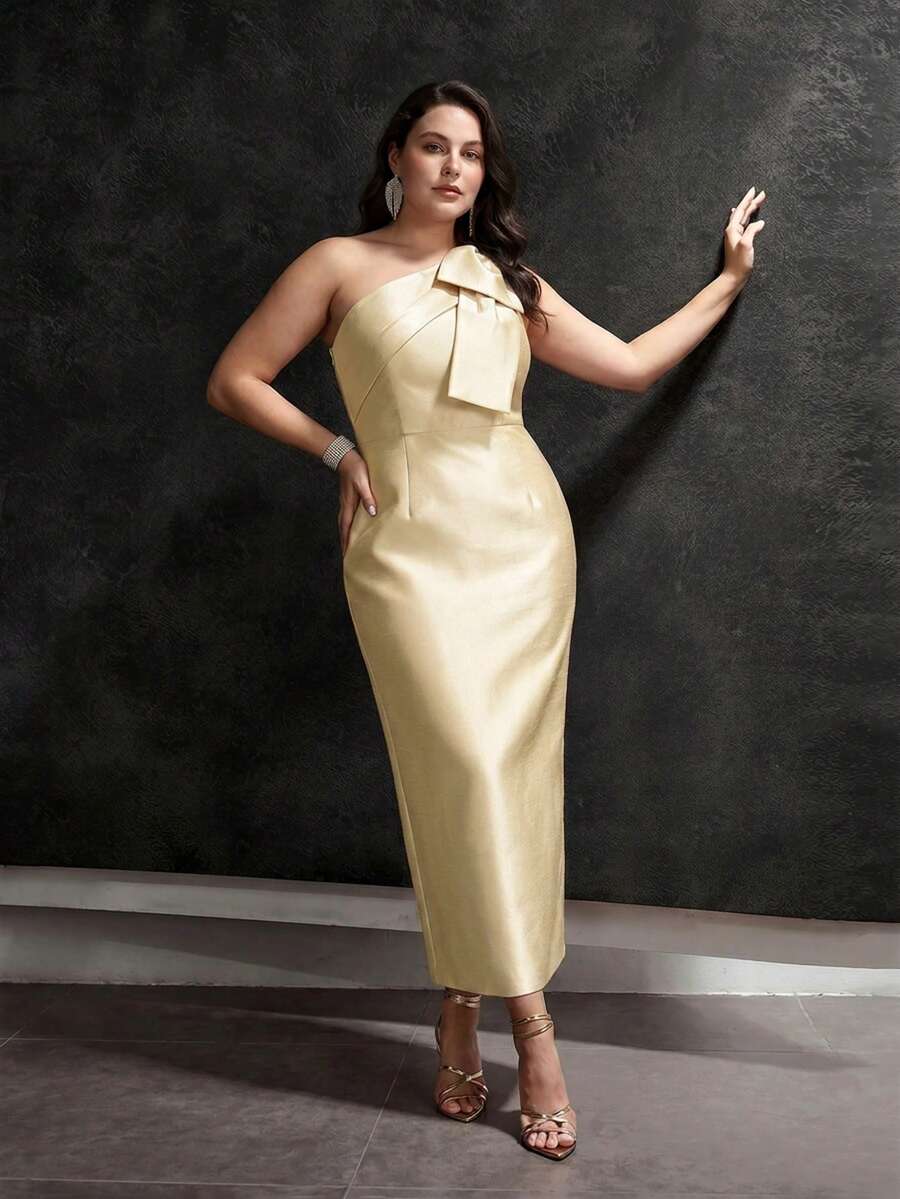 MOTF PREMIUM PLUS SIZE WOMEN'S SPRING/SUMMER BOW ONE-SHOULDER PARTY DRESS - Yellow - View 1