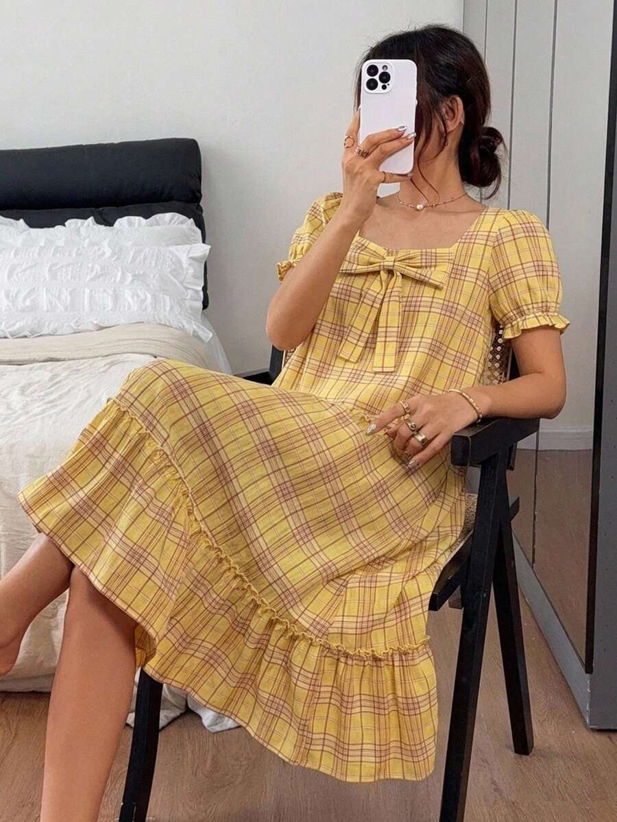 DAZY 女款格紋蝴蝶結裝飾休閒日常居家洋裝 - 黃色 - 查看 1