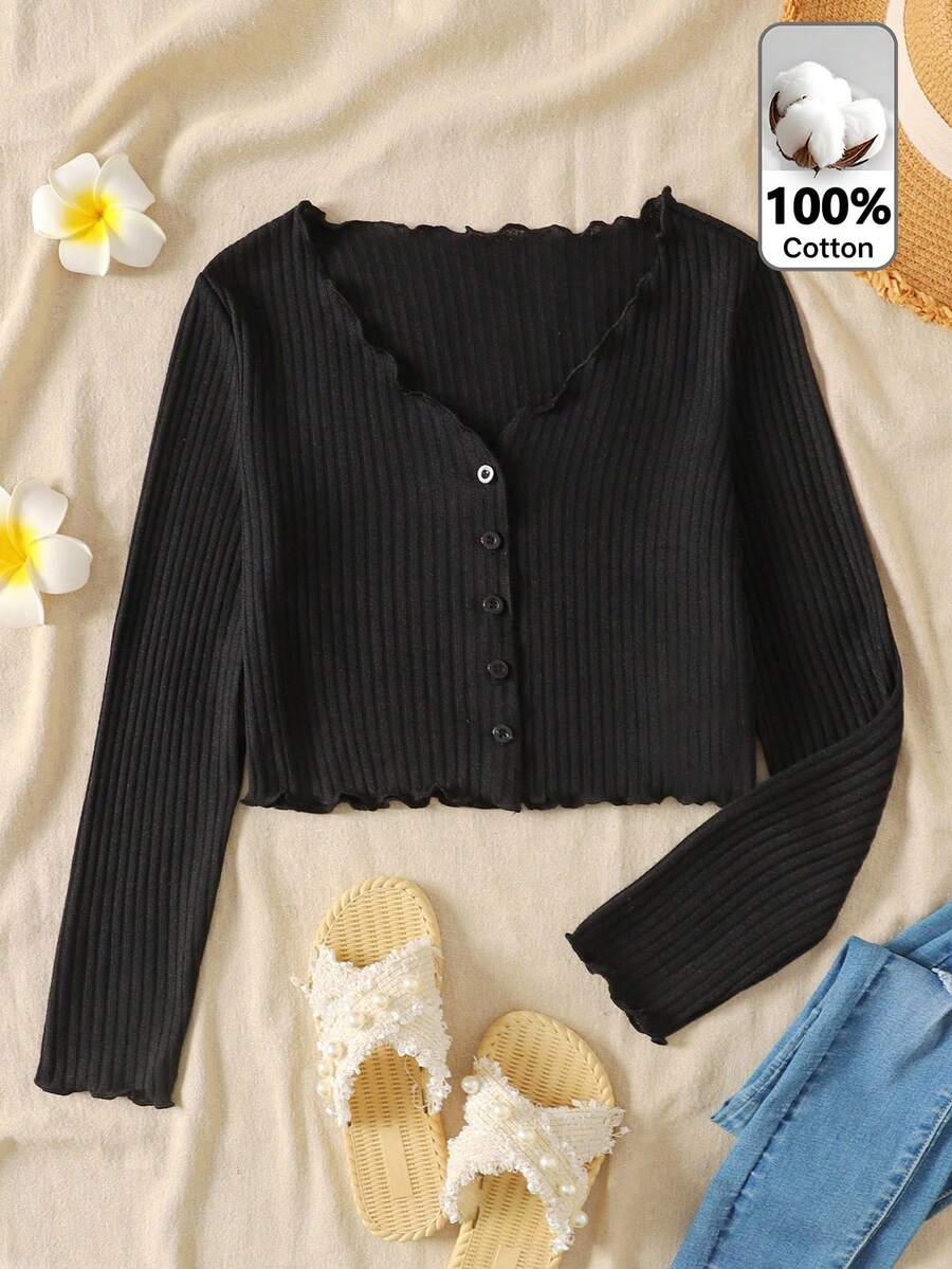 SHEIN Tween Girls' Versatile Casual Ribbed V-Neck Ruffle Trim Button Up Cardigan Sweater, Back To School, - Black - View 1