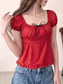 Tideelle Red And White Polka Dot Puff Sleeve Ruffle Crop Blouse, Coquette Cute French Sweet Style, Summer, Daily Picnic Vacation Everyday Date Street - Red - View 2