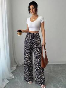 SHEIN Clasi Women's Fashionable Drawstring Waist Zebra Print Long Pants For Vacation Holiday White And Black Autumn Casual - Black and White - View 5