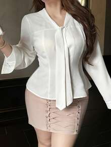 Dazy Plus Solid Color Casual Fitted Collar Short Length Fun Commuter White Long Sleeve Shirt Fall - White - View 3