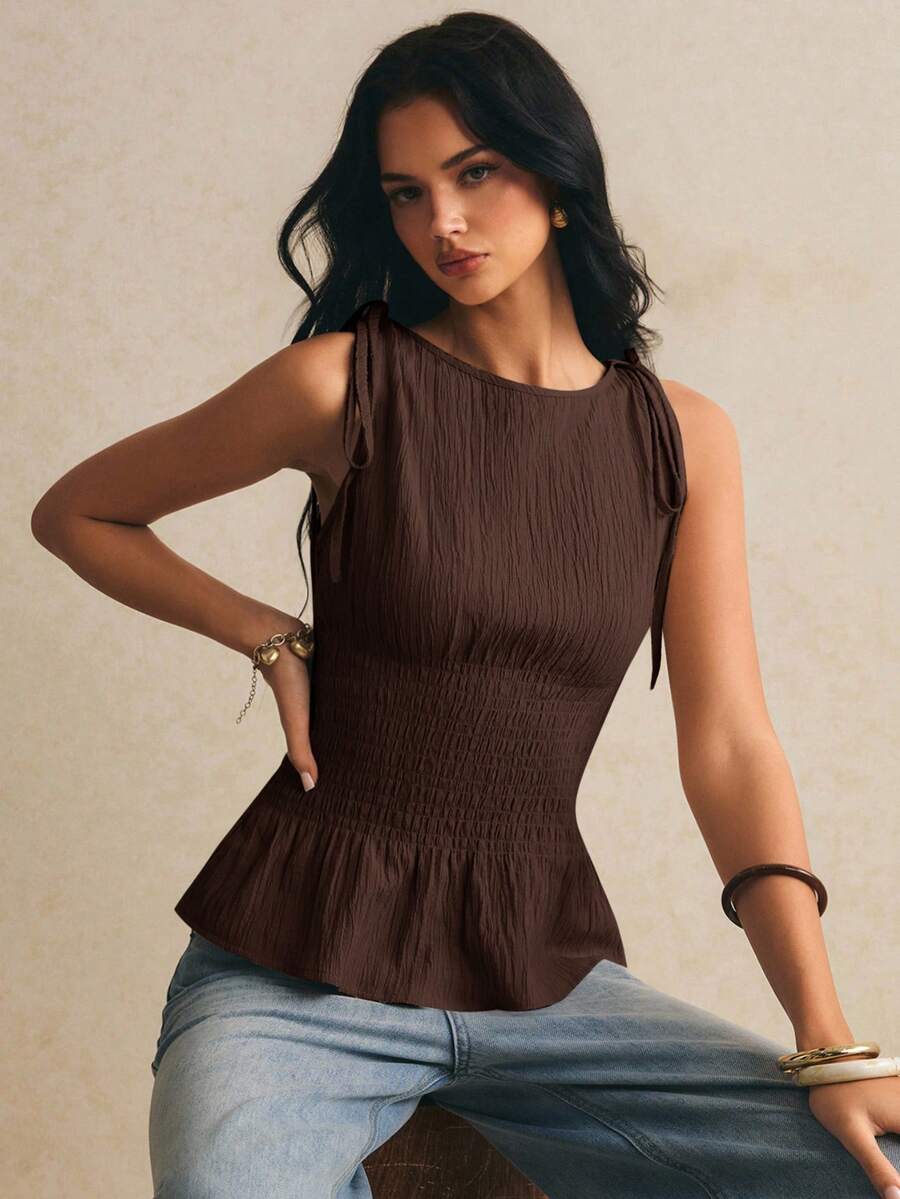 Poéselle 女款復古休閒優雅時尚抓皺紋理荷葉邊下擺背心上衣 正式早午餐棕色夏季 - 棕色 - 查看 1