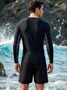 Vorlivo Men's Long Sleeve Rash Guard And Shorts Swimsuit Set, Surfing Outfit With Sun Protection, Holiday - Black - View 2