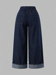 SHEIN MOD Plus Size Women's Loose Wide Leg Casual Denim Jeans With Pockets - Dark Wash - View 3