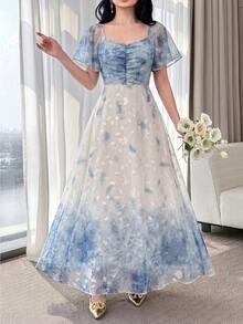 Modelyn Spring/Summer Gentle Style Romantic Elegant Gradient Blue And White Floral Print Pleated Dress Vacation - Multicolor - View 11