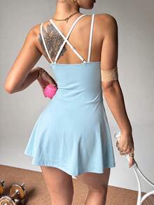 Eassivo Eassivo Women's Side Drawstring Spaghetti Strap Sports Dress - Blue - View 2