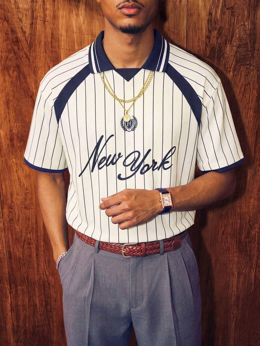 Aesthetic Post 復古美式字母徽章條紋 Polo 運動衫，夏季休閒畢業返校寬鬆棒球球衣短袖上衣，足球風