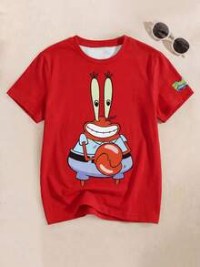SpongeBob SquarePants | SHEIN Tween Boy Cartoon Pattern Short Sleeve Crew Neck T-Shirt, Summer - White - View 1