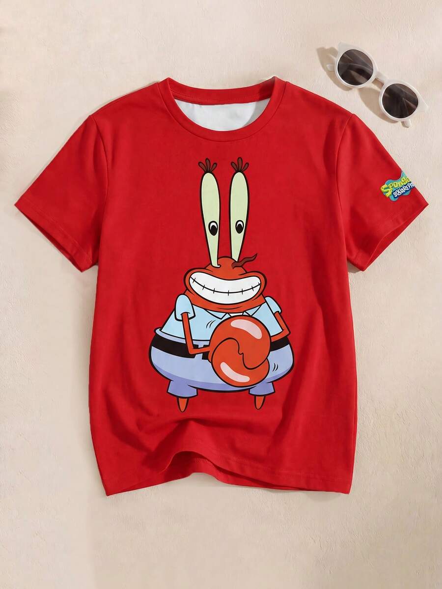 SpongeBob SquarePants | SHEIN Tween Boy Cartoon Pattern Short Sleeve Crew Neck T-Shirt, Summer - White - View 1