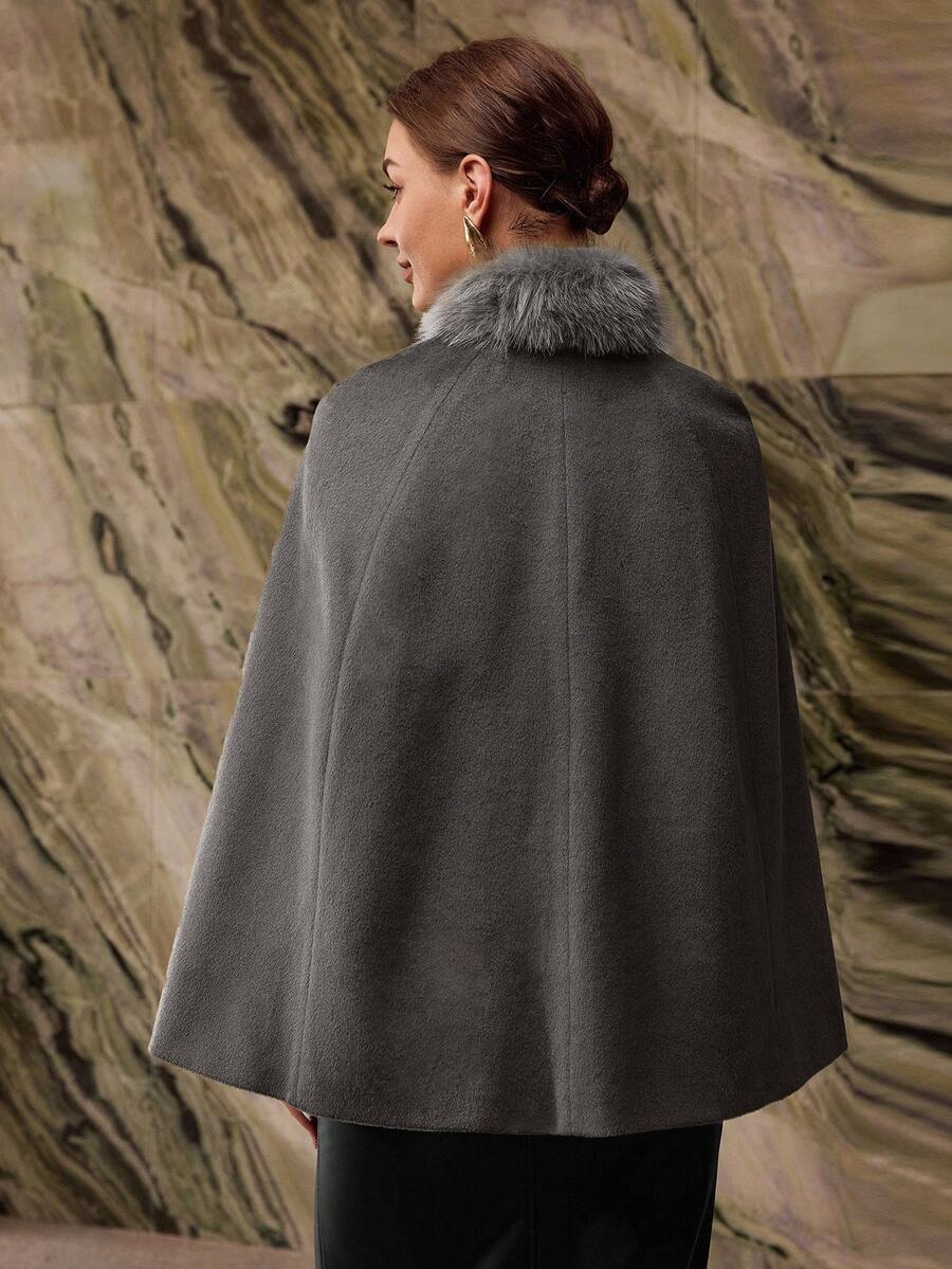 MOTF PREMIUM WOMEN'S AUTUMN/WINTER FURRY COLLAR SCARF CAPE OVERCOAT - Grey - View 2