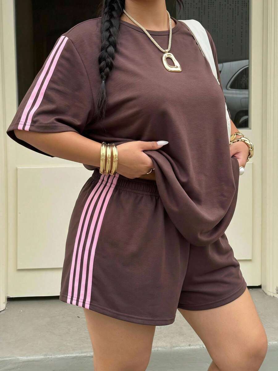 Muchica Spring/Summer Comfortable Casual Cowboy Chocolate Brown Plus Size 2 Pieces Set Vacation Office Sport Sport Sport - Brown - View 1