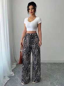 SHEIN Clasi Women's Fashionable Drawstring Waist Zebra Print Long Pants For Vacation Holiday White And Black Autumn Casual - Black and White - View 6