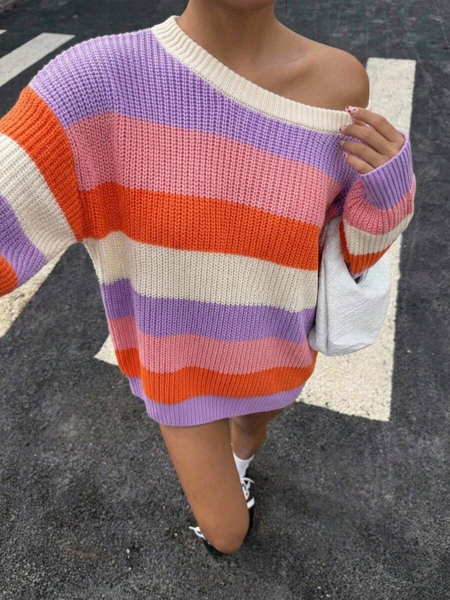 SHEIN كنزة صوفية فضفاضة بأكمام طويلة وكتف منسدل وياقة كلمة واحدة بألوان متباينة مخططة ملونة، كاجوال للمنزل، للفتيات المراهقات، خريف/شتاء - متعدد الألوان - مشاهدة 1