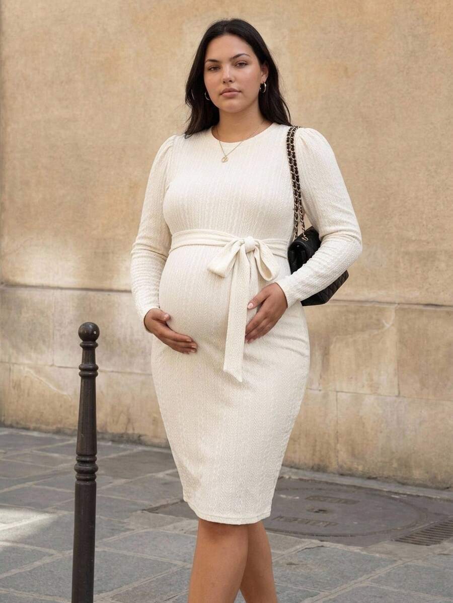 Plussiva Plus Size Maternity Solid Color Round Neck Long Sleeve Waist Tie Slim Fit Dress Baby Shower White Autumn Photoshoot Fall - White - View 1