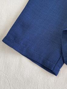 SHEIN Playful Pals 2件組女嬰蕾絲領大翻領鈕扣無袖刺繡上衣 + 鬆緊腰寬腿直筒褲，休閒可愛甜美優雅韓風時尚海軍藍套裝，適合夏季日常穿著、旅行、度假、派對及各種場合 - 藍白色 - 查看 9