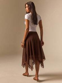 Athîral Falda elegante de mujer de gasa marrón con ribete de encaje, dobladillo asimétrico y volantes, ropa de verano y otoño, para salir, citas, falda marrón, maestra, concierto country, vaquera - Café integral - Ver 2