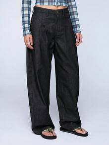 COUREZ Celana Jeans Lipit Balon Sedang Warna Hitam Denim Wash Gaya Y2K Musim Gugur untuk Wanita, Celana Jeans Longgar untuk Pergi Keluar Musim Gugur untuk Wanita - Hitam - View 1