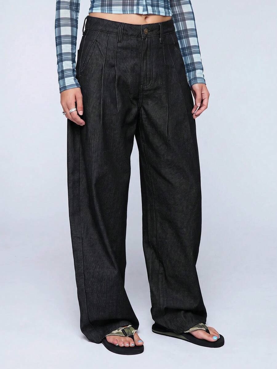 COUREZ Celana Jeans Lipit Balon Sedang Warna Hitam Denim Wash Gaya Y2K Musim Gugur untuk Wanita, Celana Jeans Longgar untuk Pergi Keluar Musim Gugur untuk Wanita - Hitam - View 1