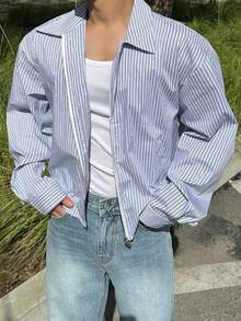 DAZY Spring/Autumn Short Long Sleeve Blue & White Striped Double Zipper Loose Fit Men's Shirt - Blue and White - View 1