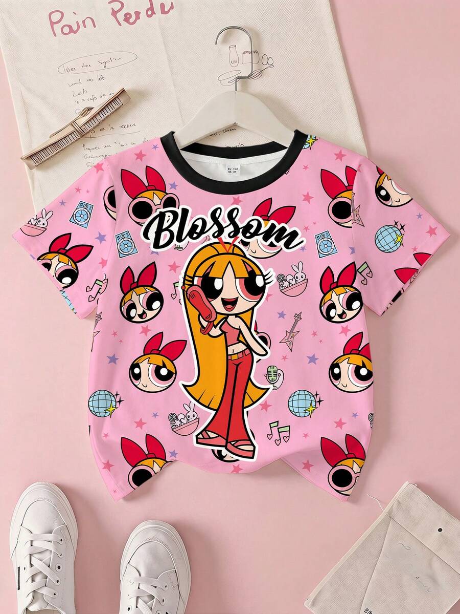 THE POWERPUFF GIRLS X SHEIN 青少年女孩字母卡通印花圓領短袖休閒T恤 - 白色 - 查看 1