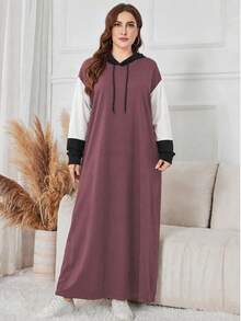 Lacomfia Autumn/Winter Elegant Casual Colorblock Patchwork Drawstring Ribbed Knit Texture Hooded Collar Loose Fit Plus Size Women's Sweatshirt Dress - Multicolor - View 4