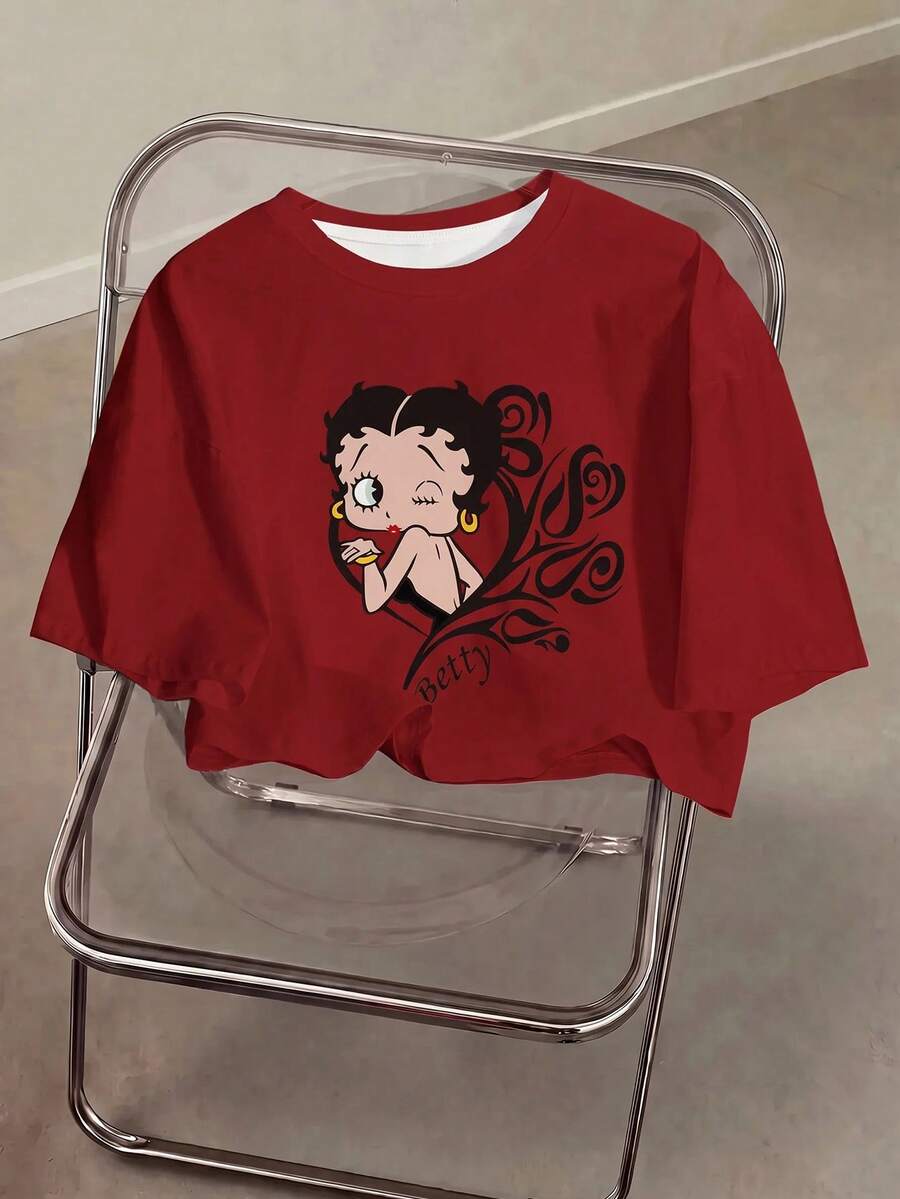 Betty Boop x SHEIN 女士休闲卡通印花圆领短袖T恤,日常百搭 - 紅色 - 查看 1