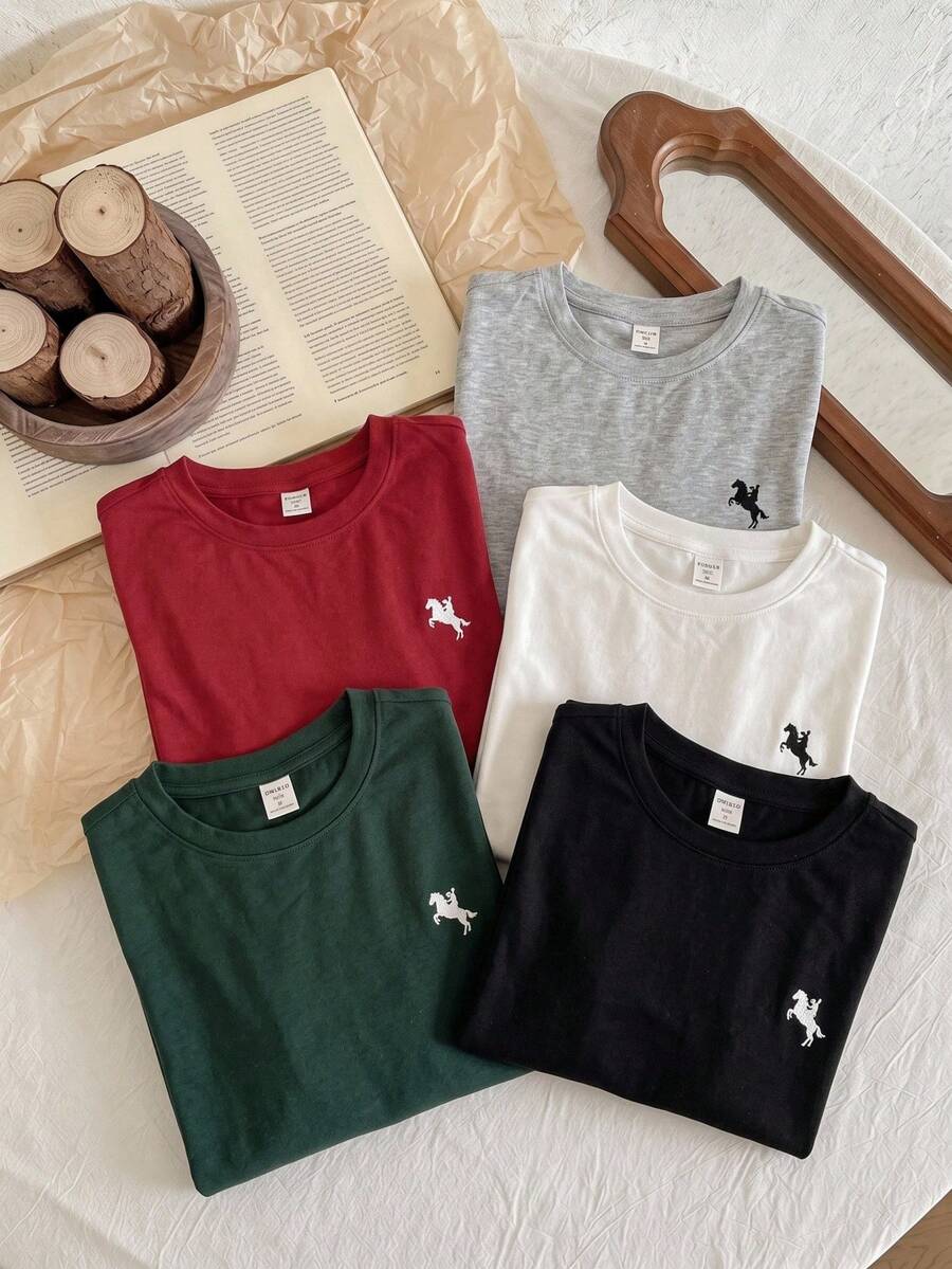 5pcs Teen Boy Multi-Color Spring/Autumn/Winter Comfortable Soft All-Match Versatile Long Sleeve Inner Layer T-Shirts, Simple Versatile Contrast Color Print Pattern, Korean/Japanese Casual Sports Style, Suitable For Home And Outdoor Wear - Multicolor - View 1