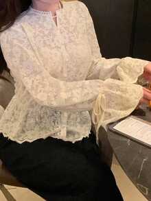 Dazy Plus Plus Size Solid Color Lace Fitted Drawstring Hem Ruffle Tie Elegant Vacation Spring/Autumn Blouse Shirt - Apricot - View 1