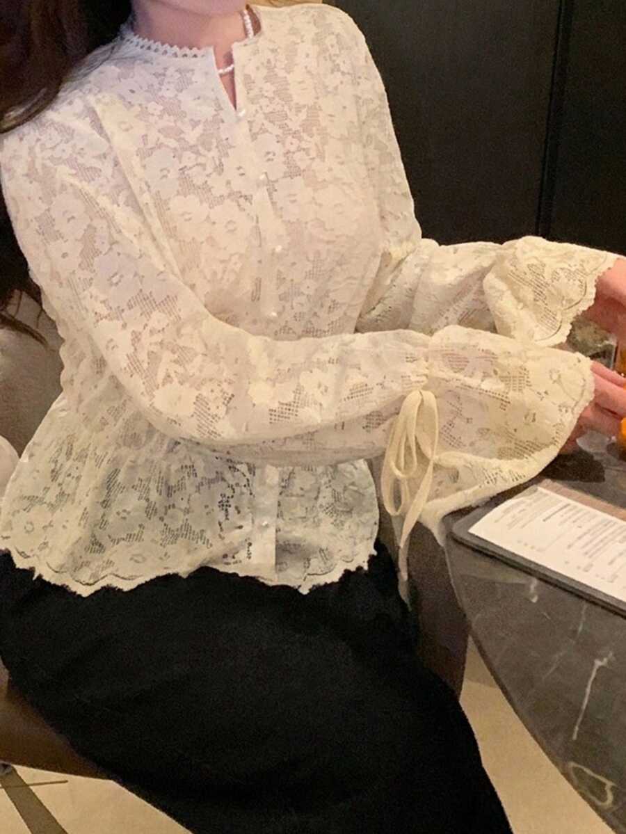 Dazy Plus Plus Size Solid Color Lace Fitted Drawstring Hem Ruffle Tie Elegant Vacation Spring/Autumn Blouse Shirt - Apricot - View 1